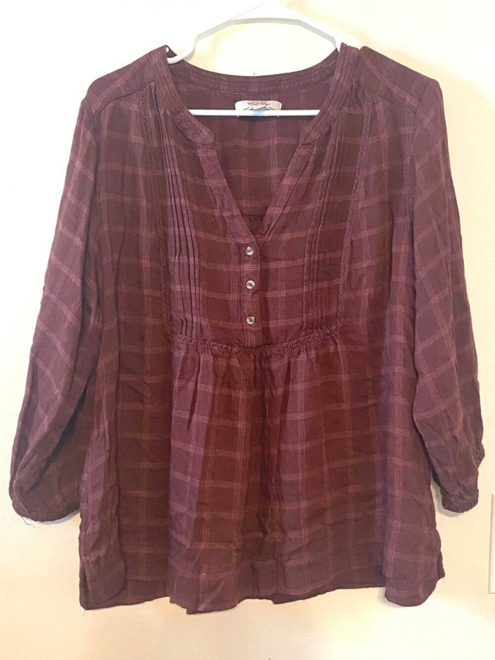 Women's Wrangler Red/Brown Plaid 3/4 Sleeve Blouse Size Large